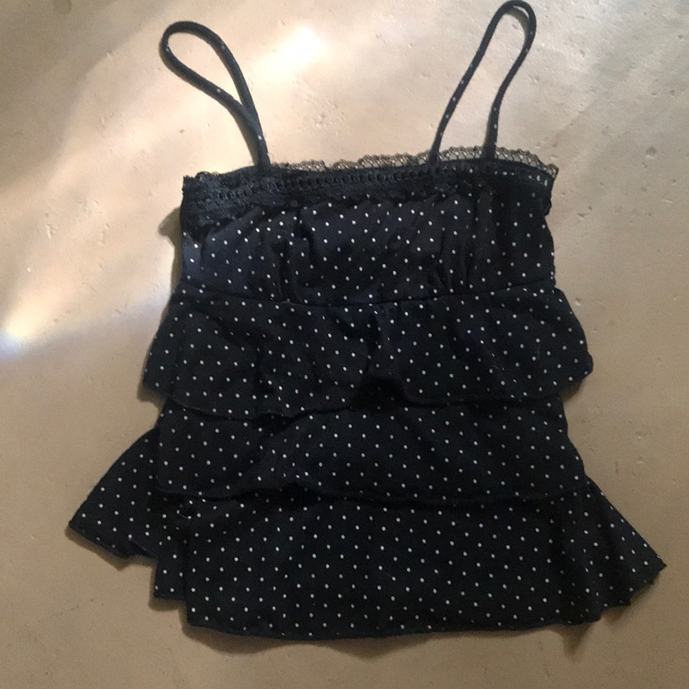Black and white polka dot strappy ruffle tank